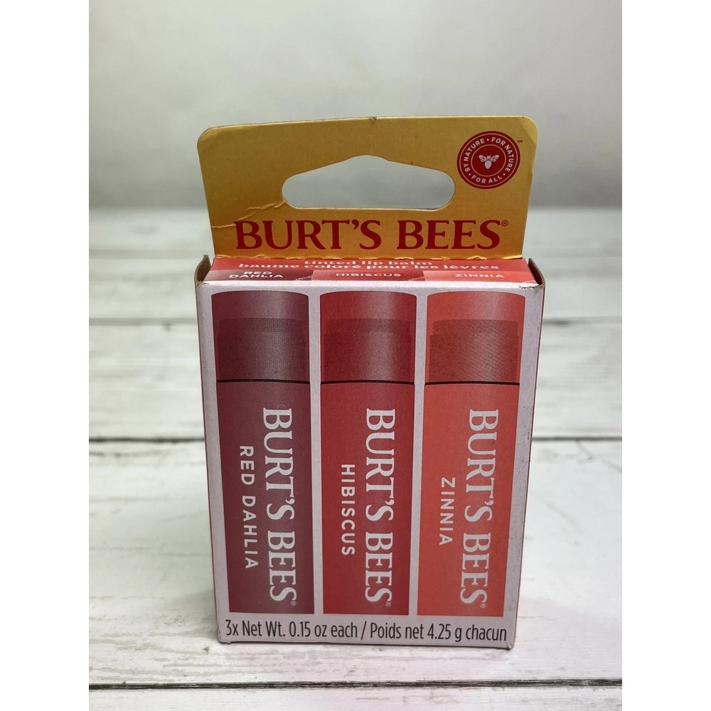 Burt's Bees Tinted Lip Balm - Set of 3 - Zinnia, Hibiscus, Red Dahlia  - NEW‎